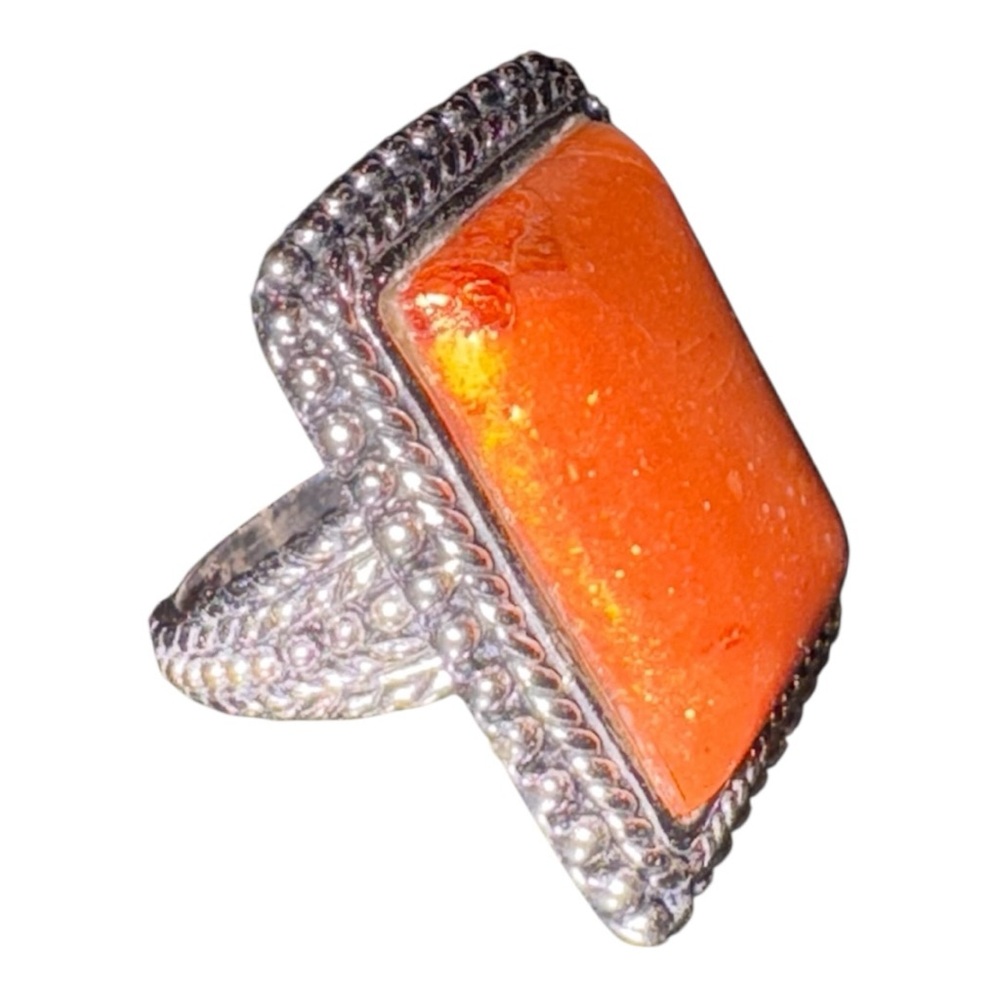 Sterling Silver BBJ Statement Ring Orange Coral Rectangular - Picture 10 of 11